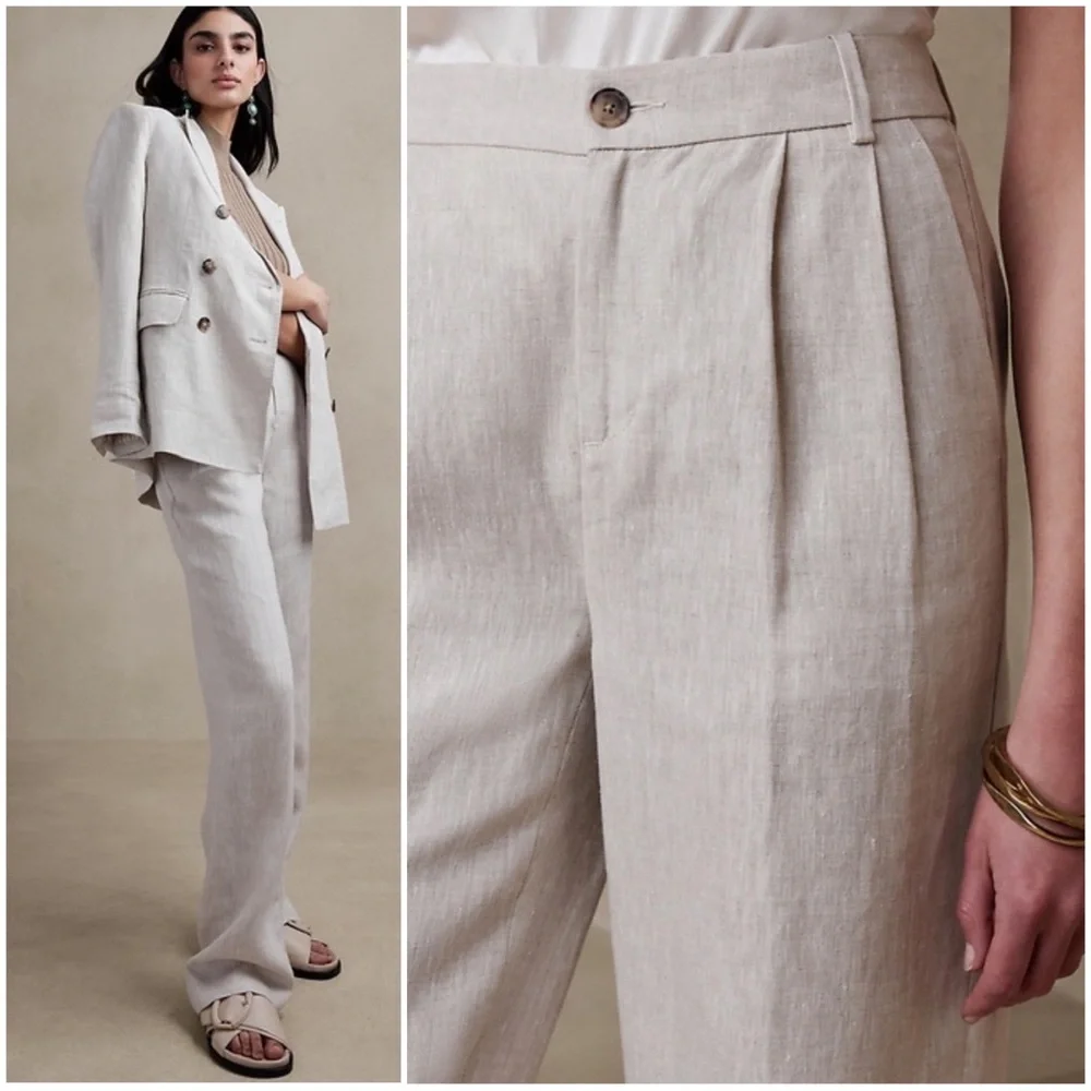 BANANA REPUBLIC Women Size 14 Palma Linen High-Waisted Pleated Straight-Leg Pant
